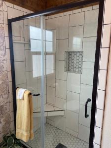 a shower with a glass door in a bathroom at We put the ‘Fun’ in your stay! in Walla Walla
