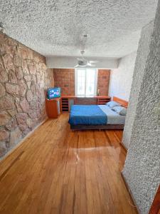 Hotel RJ Querétaro في كيريتارو: غرفة نوم بسرير وجدار حجري