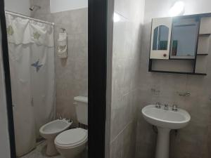 bagno con lavandino, servizi igienici e specchio di Departamentos Güemes a Chilecito
