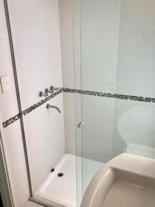 une douche avec une porte vitrée à côté des toilettes dans l'établissement San Martín Apart, à San Salvador de Jujuy