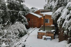Cabaña de madera en la nieve con árboles nevados en Cabaña Andes, en El Canelo