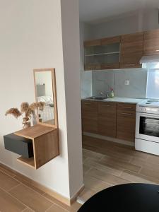 a kitchen with wooden cabinets and a mirror on the wall at Giasemi apartments in Karistos