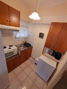 Elle comprend une petite cuisine équipée d'un évier et d'un réfrigérateur. dans l'établissement Eleni's Apartments Igoumenitsa -- Γκαρσονιέρα 1ου ορόφου επιπλωμένη, εξοπλισμένη, à Igoumenítsa