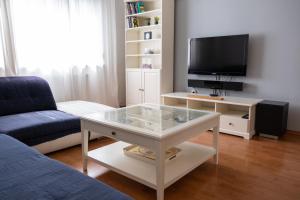 a living room with a couch and a tv at Sarah´s apartment Bratislava in Bratislava