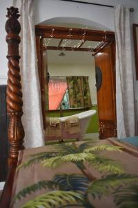 The Red Cottage and Hawaiian Pond Garden Paradise! في Keaau: غرفة نوم مع حوض استحمام ومرآة