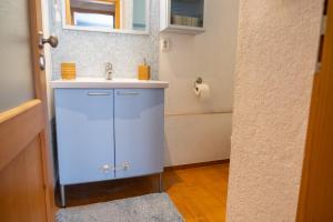 a bathroom with a white sink and a mirror at Sarah´s apartment Bratislava in Bratislava