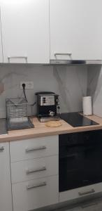 uma cozinha com uma bancada com uma torradeira e um micro-ondas em Harula 6 em Ofrínion