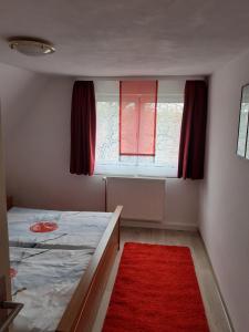 1 dormitorio con cama, ventana y alfombra roja en Ferienwohnung-Ritscher-in-Lichtenhain-2, en Lichtenhain