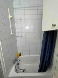 ein Badezimmer mit einer Badewanne mit einem blauen Duschvorhang in der Unterkunft Charmant studio in Clichy