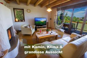 ein Wohnzimmer mit einem Kamin und einem TV in der Unterkunft Ferienhaus Schwarzwald bei Straßburg Europapark für 12 Personen auf 160qm in Rheinau