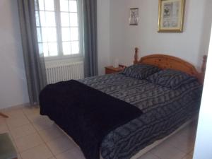 a bedroom with a bed with a blue blanket on it at Appartement du Pont neuf in Villegailhenc