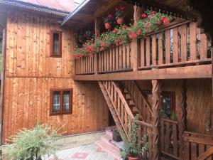 una casa de madera con macetas en las escaleras en Pensiunea Agroturistica Casa Coliniţa, en Vatra Moldoviţei