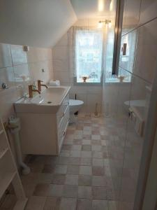 a bathroom with a sink and a toilet and a shower at Vadstena semesterlägenhet in Vadstena