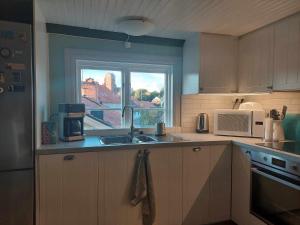 cocina con fregadero y ventana en Vadstena semesterlägenhet en Vadstena