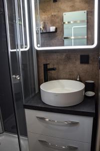 a bathroom with a sink and a mirror at Ferienhaus mit Göttweigblick in Furth