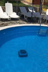 uma piscina azul com cadeiras e um guarda-sol em Sunshine villa Dzhigurovo em Sandanski