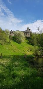 ein Gebäude auf einem grasbewachsenen Hügel mit einem Haus in der Unterkunft Ici cool une rivière in Saint-Pierre-de-Côle