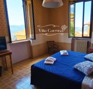 a bedroom with a blue bed with towels on it at Villa Caterina in Fiuggi