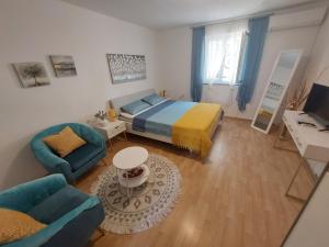 a bedroom with a bed and a couch and a table at Apartmani Anica in Risika
