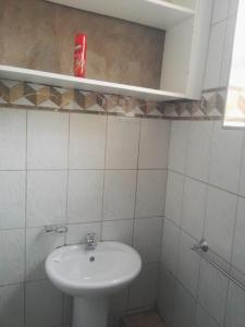 a bathroom with a sink and a red can on a shelf at The Stone Guest House in Teyateyaneng
