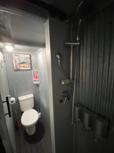 a small bathroom with a toilet and a shower at On the water boat House in Whangarei
