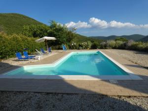 Montecchio的住宿－Scappo in Umbria, Casale Beatrice，蓝色游泳池配有椅子和遮阳伞