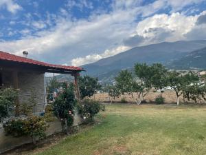 una casa en un campo con montañas en el fondo en Villa Olympus, 