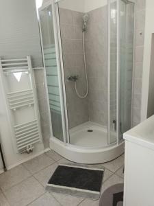 a bathroom with a shower with a glass door at Privat Zimmer KF in Knittelfeld