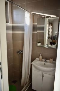 baño con cortina de ducha blanca y lavamanos en Petković apartman, en Bajina Bašta