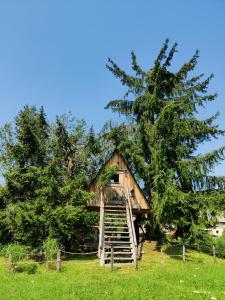 a tree house in a field next to a fence at Get your zen among the trees in Stahovica