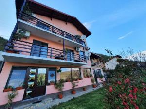 a pink building with potted plants on the balcony at Casa Darian in Dubova