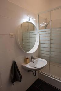 une salle de bains avec un lavabo et un miroir dans l'établissement Royal Blue Deluxe, à Vienne
