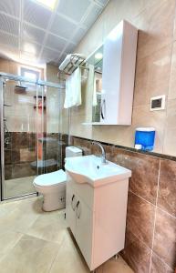 y baño con aseo, lavabo y ducha. en Asimado Hotel, en Antalya