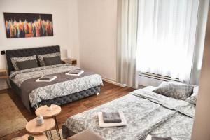 貝爾格勒的住宿－Apartment in Belgrade with small parking space，一间带两张床和一张沙发的客厅