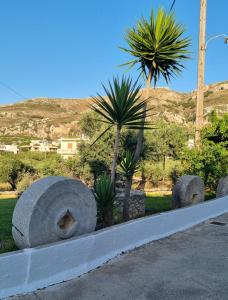 une rangée de grands objets en béton dans un parc planté de palmiers dans l'établissement Casa Artemis, à Plátanos