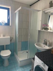 uma casa de banho com um chuveiro, um WC e um lavatório. em Apartment Mare em Čunski