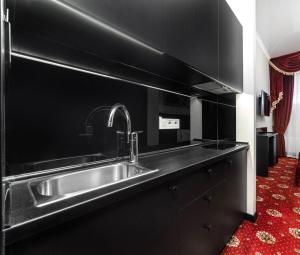 een keuken met een roestvrijstalen wastafel en zwarte kasten bij Arcadia City Apartments in Odessa