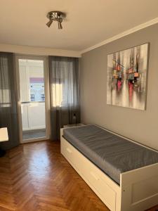 1 dormitorio con 1 cama y ventilador de techo en Apartman Loft 72, en Slavonski Brod