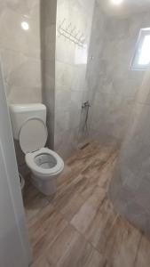 uma casa de banho com um WC branco e piso em madeira em Villa Bardha em Struga
