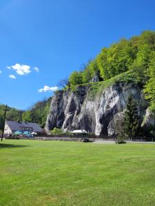 ein großer Berg mit einem Grasfeld und einem Gebäude in der Unterkunft Zajazd Wernyhora in Sułoszowa