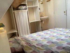 um pequeno quarto com uma cama e um lavatório em La Ferme Saint Pierre de Glabais em Genappe