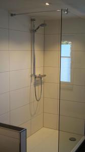 eine Dusche mit Glastür im Bad in der Unterkunft Landhaus Kraehenberg in Niedersalwey