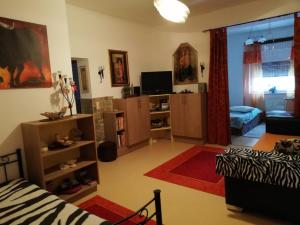 a living room with a bed and a tv at Charly's Home in Villach