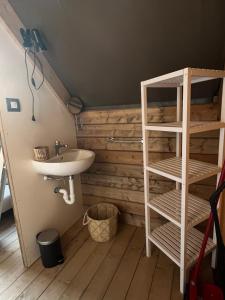 y baño con lavabo y estante. en Glamping Tuscany - Podere Cortesi, en Santa Luce