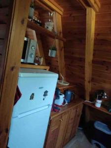 eine Küche mit einem weißen Kühlschrank in einer Hütte in der Unterkunft Chalet 8 à 10 couchages in Le Dévoluy