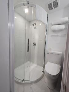 a bathroom with a shower and a toilet at Sunflower Guest Suites in Summerside