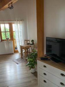 a living room with a flat screen tv on a dresser at Ferienwohnung „Am Bankzeitweg“ in Saalfeld