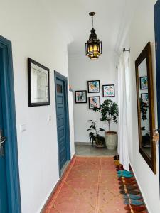 a hallway with a blue door and a potted plant at Chez abdelilah in Oualidia