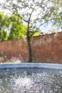 a pool of water in a garden with a brick wall at Ludlow Townhouse in Ludlow