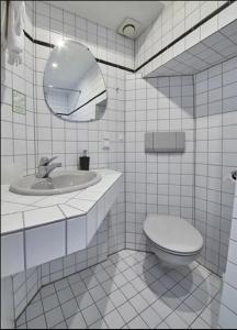 a bathroom with a toilet and a sink and a mirror at Gästehaus Zur Traube in Reil